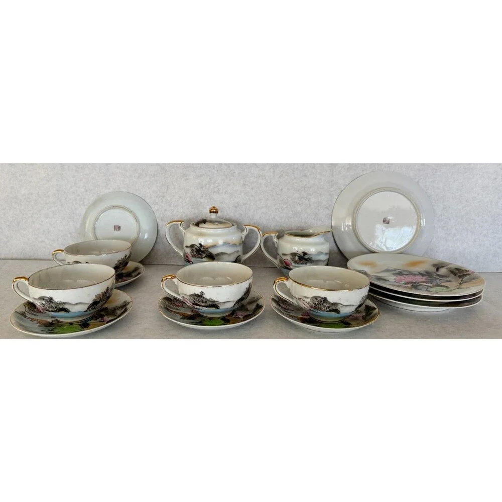 Lithphane Tea Set Blue Pink White Geisha Girl